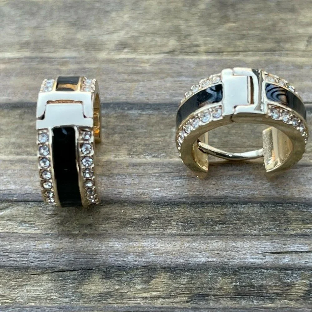 DKNY Women Earrings GoldBlack Tone Crystal Accent Hinge Ladies Ear Jewelry New - Picture 9 of 12